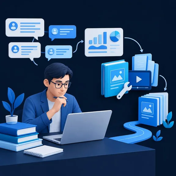 Minh họa: người làm chuyên môn xem phản hồi, dữ liệu và cải thiện sản phẩm số.