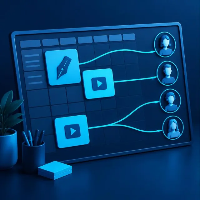 Minh họa kế hoạch nội dung marketing với bài viết, video và hoạt động tiếp cận người quan tâm.