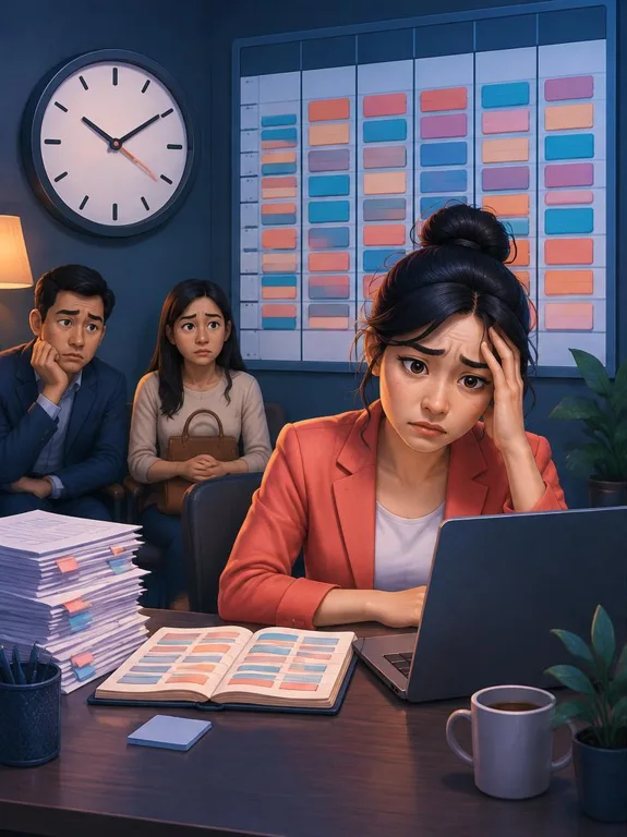 Minh họa giả định: người tư vấn có lịch hẹn kín, khách đang chờ và không còn thời gian nhận thêm việc.