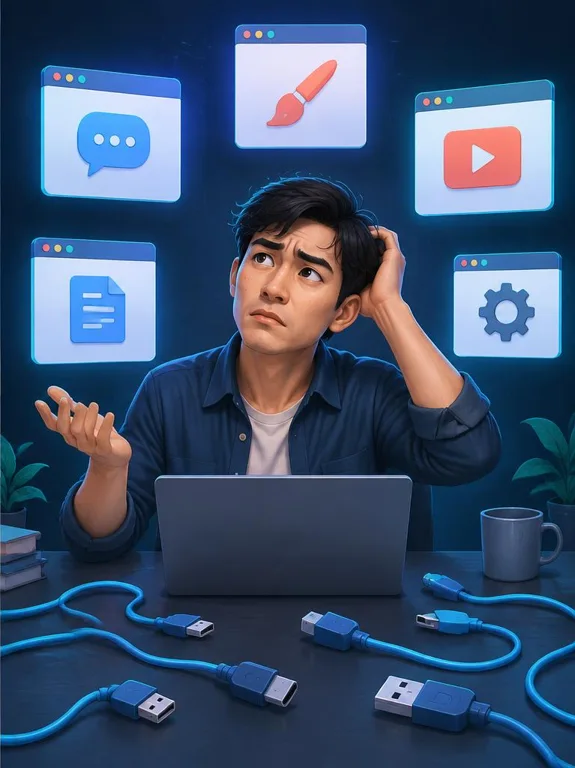 Minh họa giả định: người dùng bối rối giữa các cửa sổ công cụ rời rạc và những dây kết nối chưa cắm.