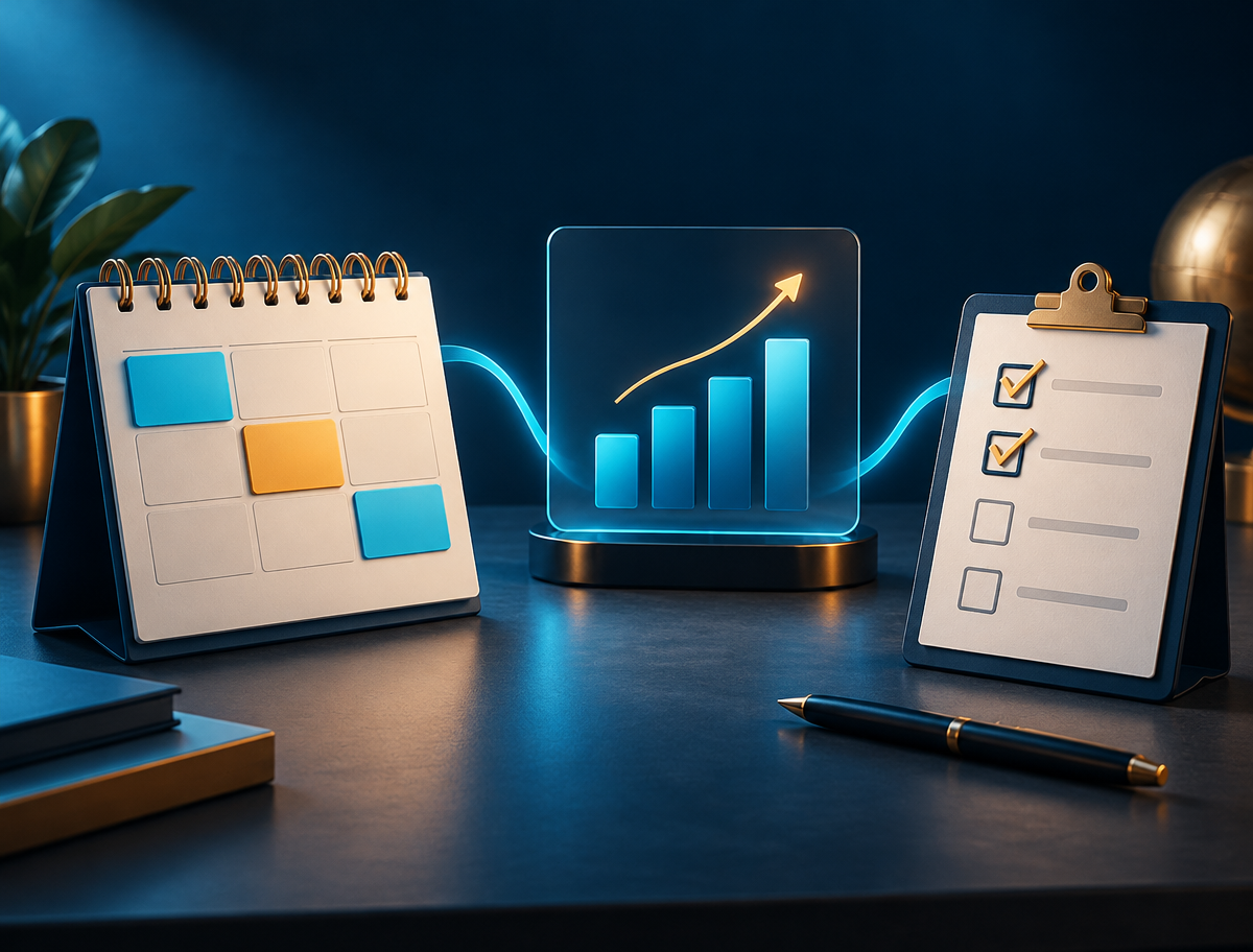 Minh họa lịch nội dung, bảng theo dõi và checklist thực hành như một bộ công cụ.